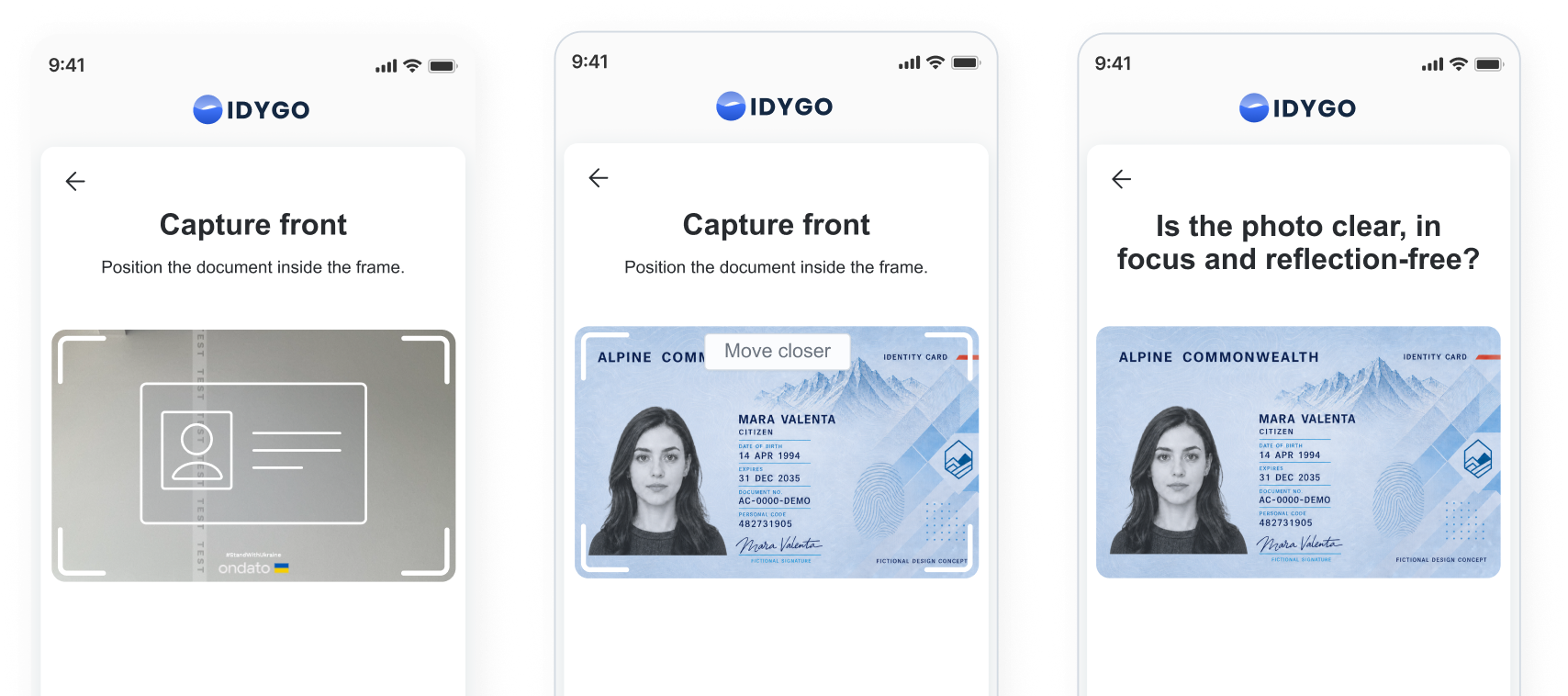 Three Ondato identity verification mobile screens.