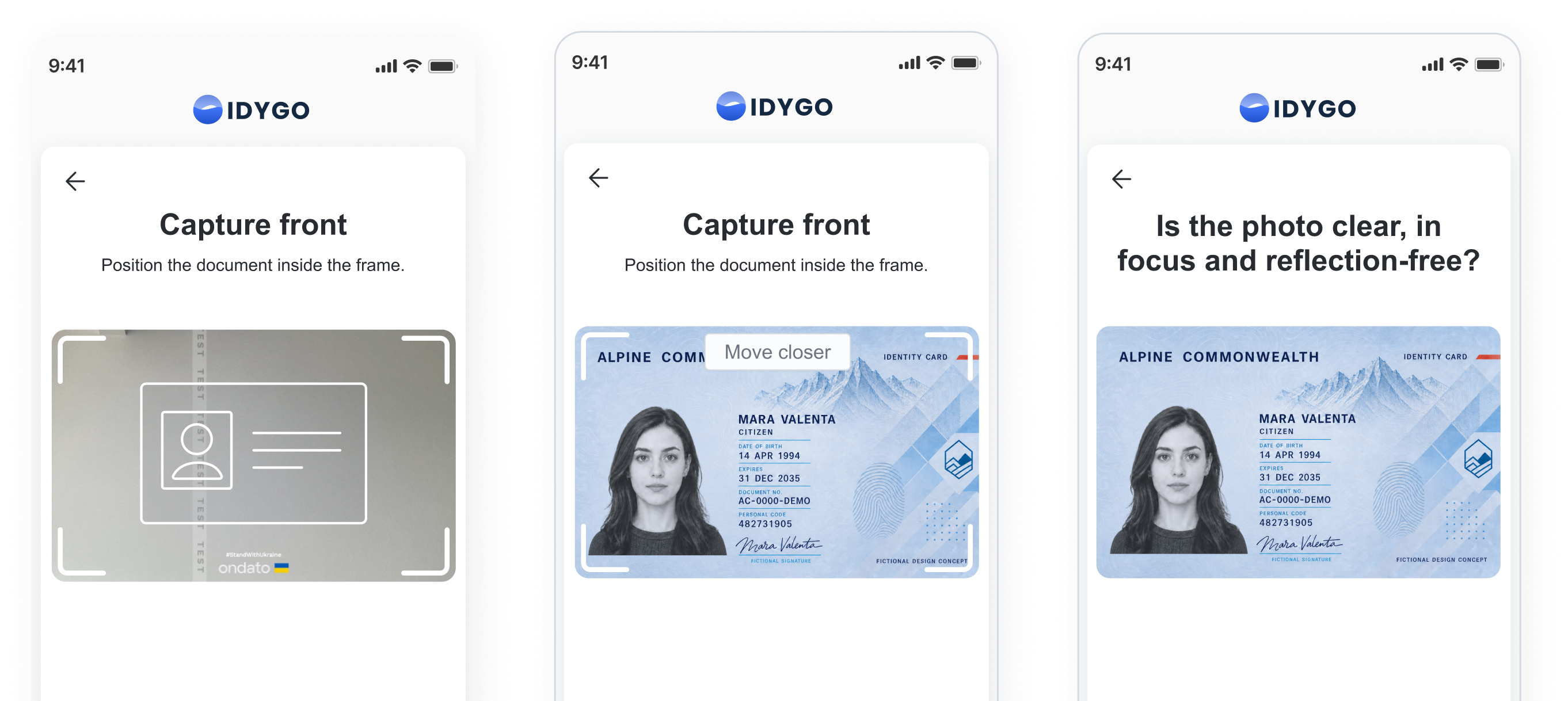 Ondato identity verification screens across desktop and mobile devices.