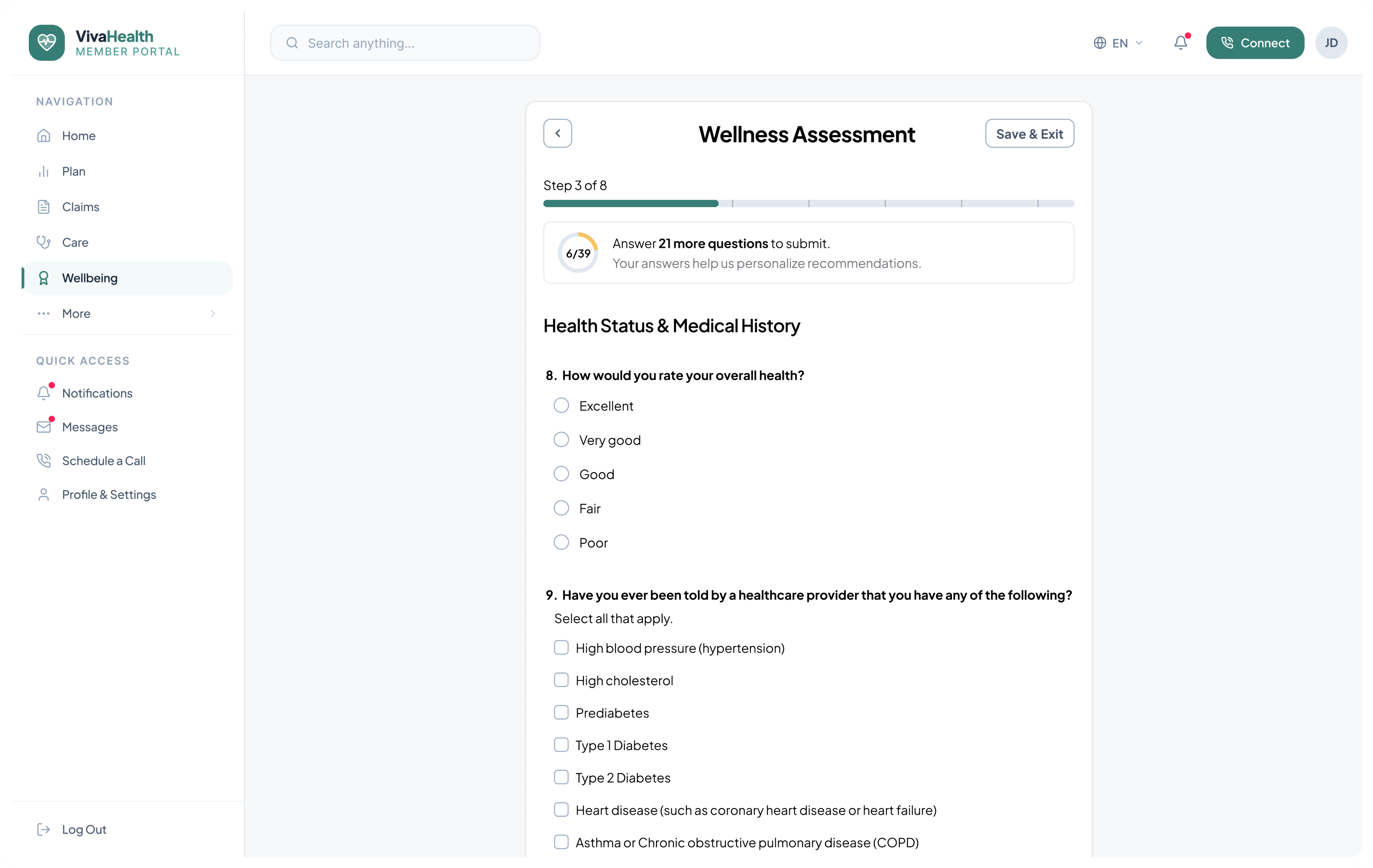 Health Risk Assessment interface, view 2